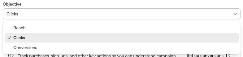 ตัวเลือกเป้าหมายแคมเปญใน ChatGPT Ads Manager
