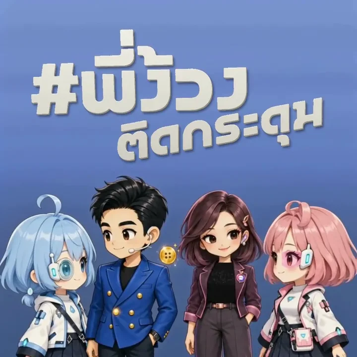 ผนังสีน้ำเงินหน้าออฟฟิศ ตัวอักษร #พี่ง้วง ติดกระดุม กับพี่ง้วงและทีมการ์ตูน