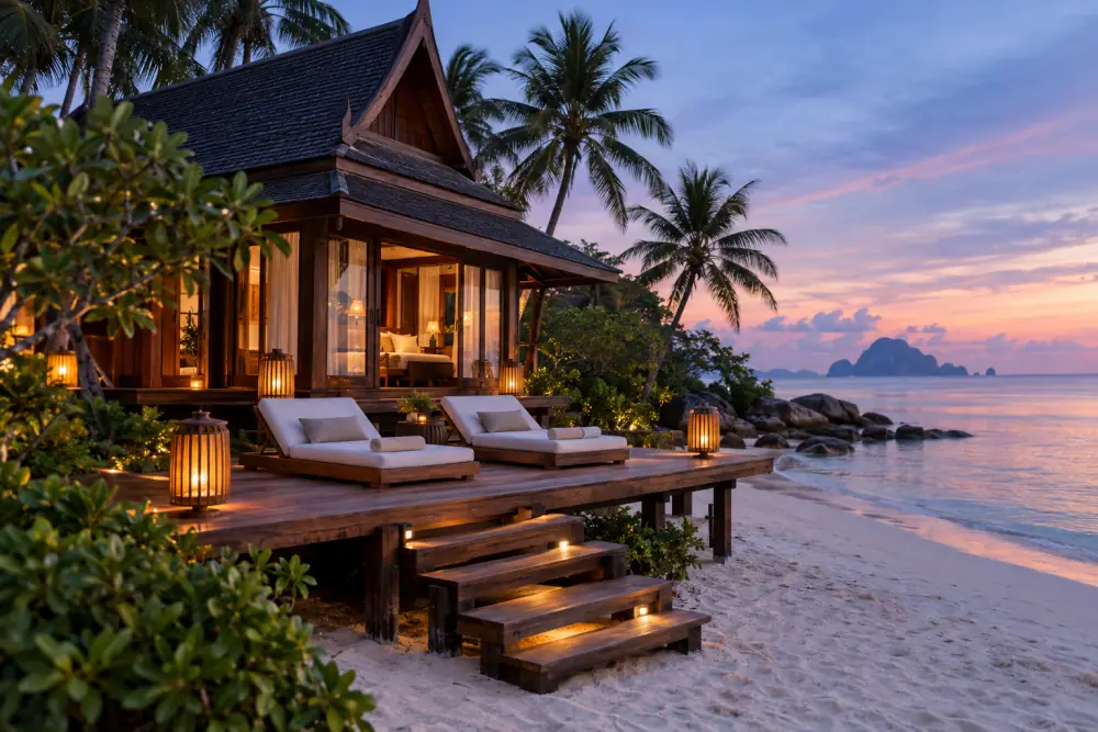 บีชฟรอนท์วิลล่าของรีสอร์ตยามค่ำ