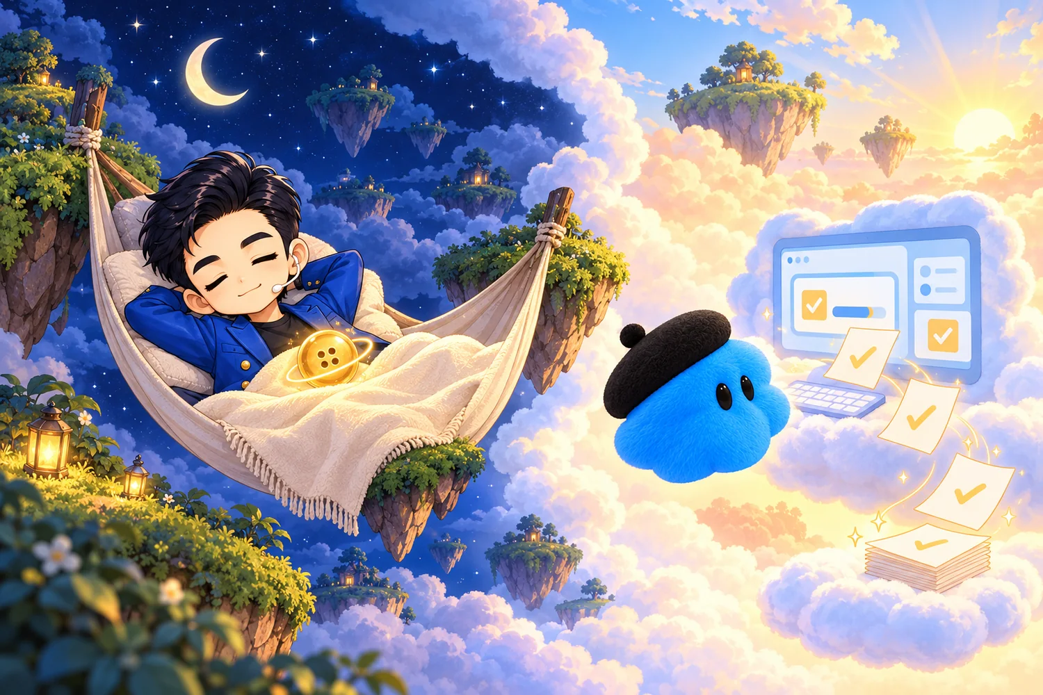 ฝั่งกลางคืนพี่ง้วงนอนหลับในเปล ฝั่งเช้า dot สีฟ้าทำงานต่อบนคอมพิวเตอร์ก้อนเมฆของตัวเอง